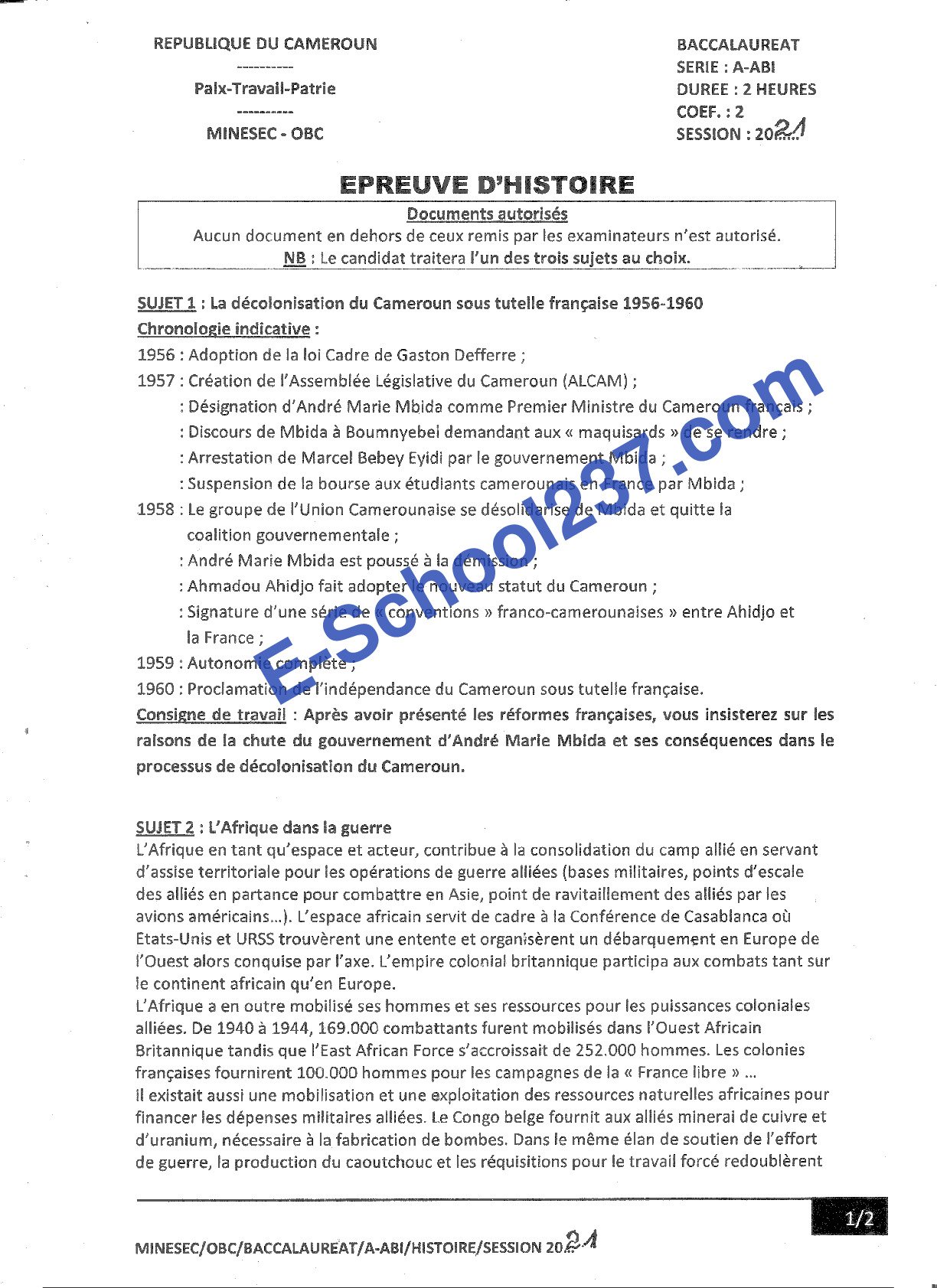 EPREUVE BAC 2021 HISTOIRE SÉRIE A ABI